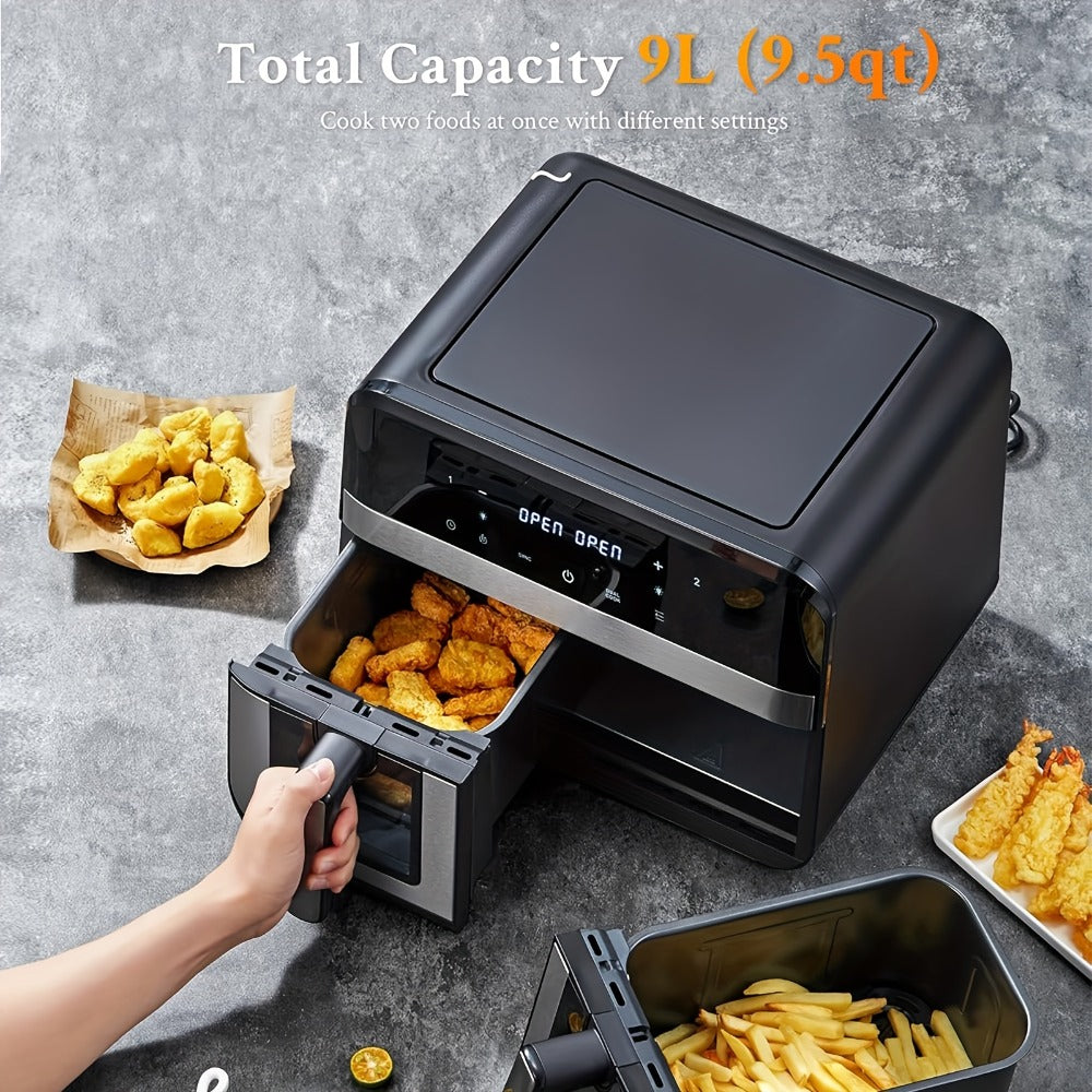 Dual Basket Air Fryer 9.5Qt – 2x4.75Qt Independent Zones, Smart Finish Match Cook, 2400W, 8 Presets, Air Fry Roast Bake Grill, Energy Saving Family-Size Double Basket Air Fryer