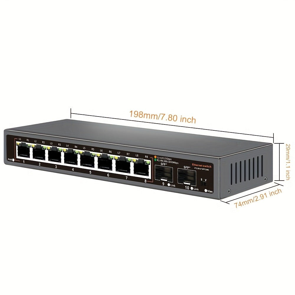 10-Port 2.5G Network Switch with 10G SFP+ Uplink - Fanless Metal Unmanaged Ethernet Switch, 8x 2.5GbE RJ45, 40Gbps Capacity, Plug and Play for NAS Home Lab Gaming Office