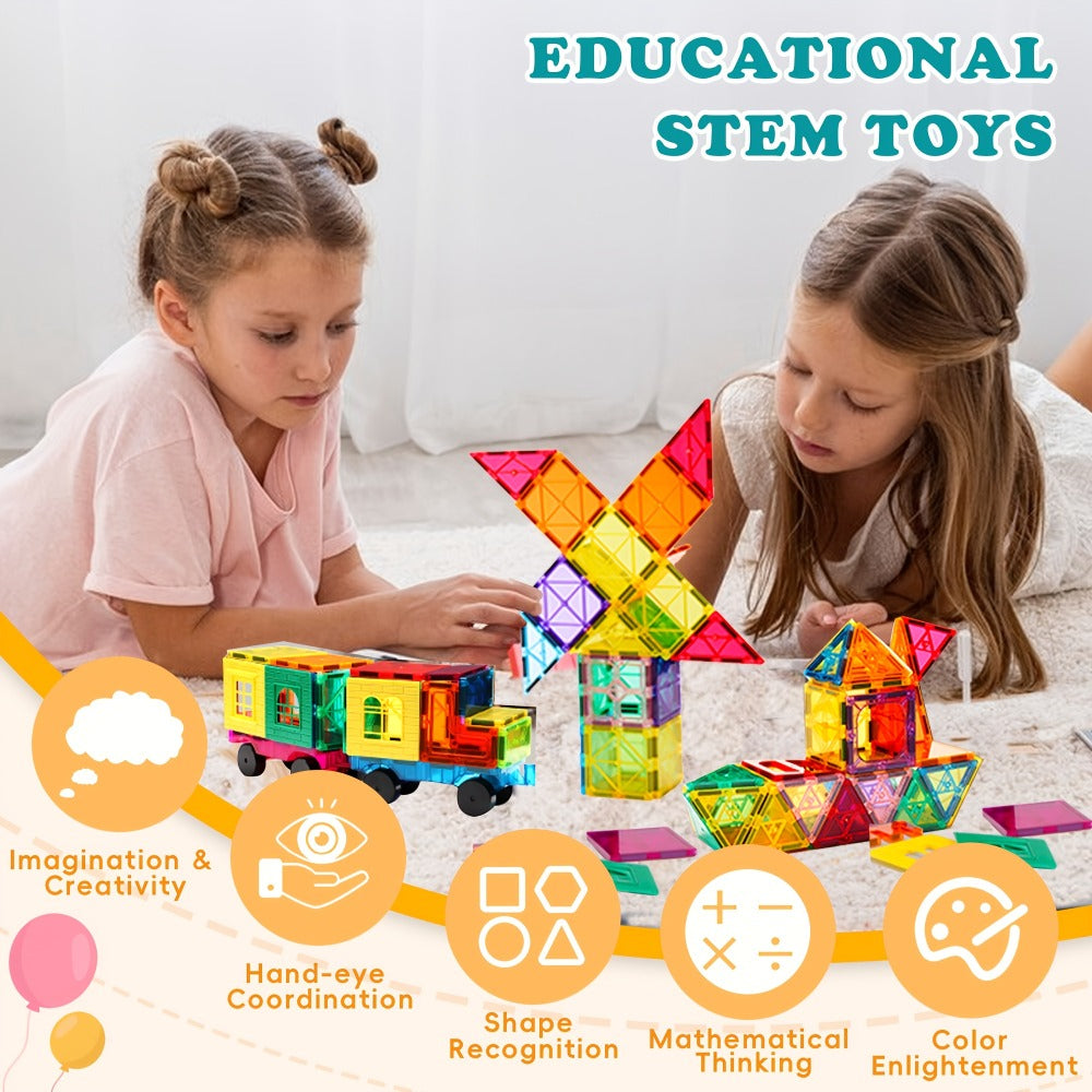 Clear Magnetic Tiles Building Set for Kids, 3D Magnet Blocks in 80, 106, 136 or 205 Pieces, Ages 3+