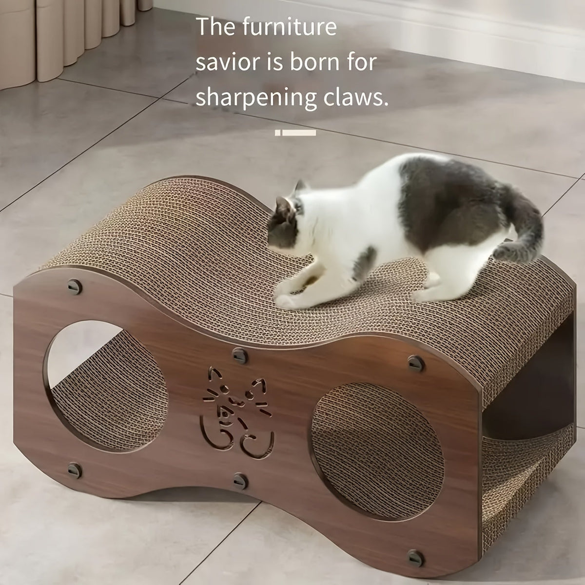 Cat Scratching Post with Integrated Cat Bed - Sturdy Walnut Wood Base, 4-Season Woven Scratch Pad, Indoor Cat Scratcher Lounge for Scratching, Lounging & Play, Oak Color with Optional Cat Toy