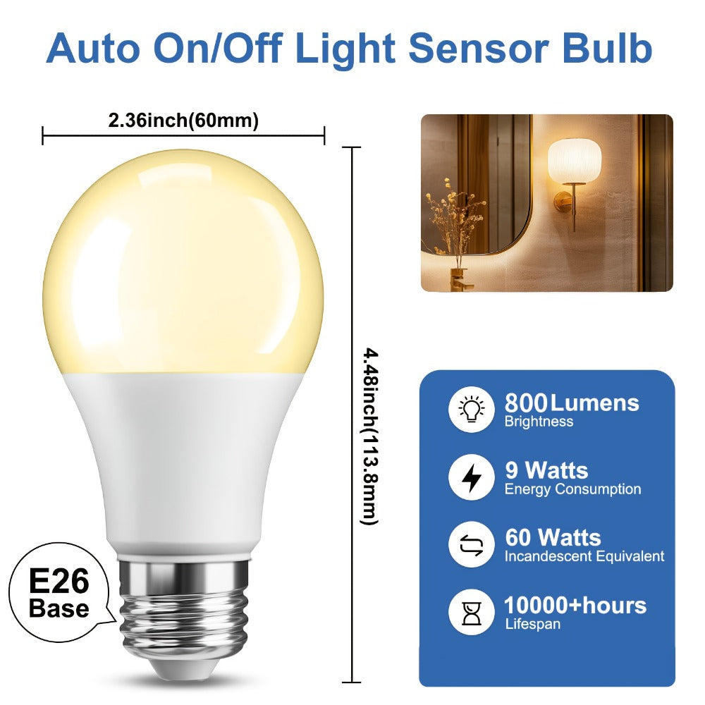 Dusk to Dawn LED Light Bulbs Photocell Sensor Auto On Off - 9W 60W Equivalent E26 Base 5000K Daylight & 2700K Warm White 6 or 12 Pack for Porch Garage Outdoor Security Indoor Lighting