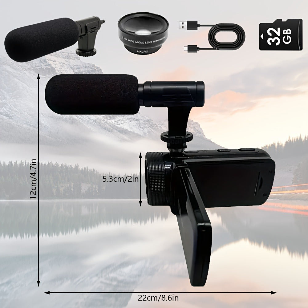 Digital Video Camera HD 1080P with Flip Screen & External Microphone – 16MP 16X Zoom Compact Camcorder for Family, Travel, Vlogging, YouTube & Beginners with 32GB Card