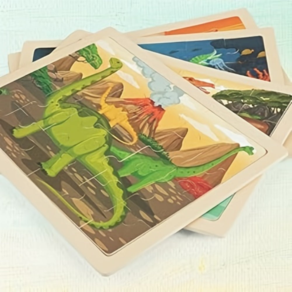 Dinosaur Wooden Jigsaw Puzzle Set for Kids, 4 Puzzles with 24 Pieces Each
