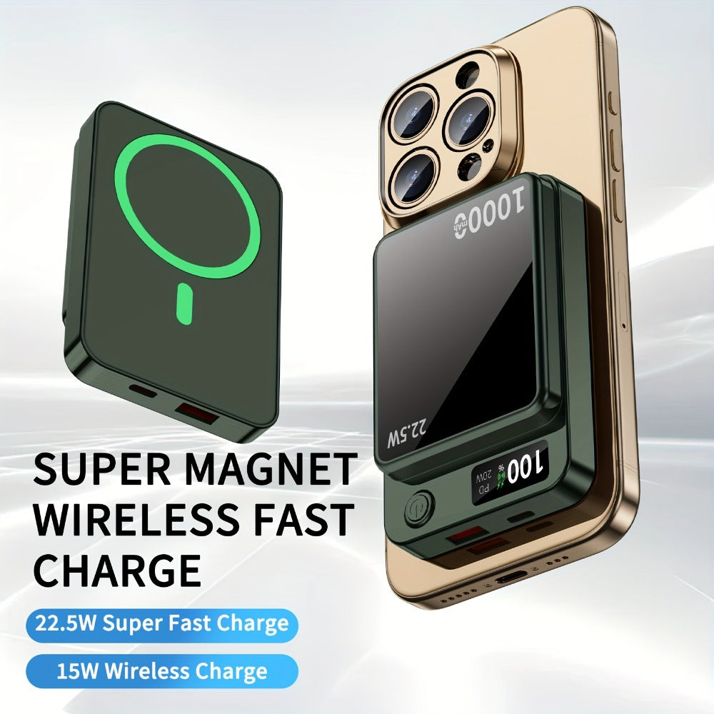Magnetic Wireless Power Bank 10000mAh MagSafe Compatible 22.5W USB-C Fast Charging with LED Display – Portable Snap-On Battery Pack for iPhone 16 15 14 13 12 Series & Android Smartphones