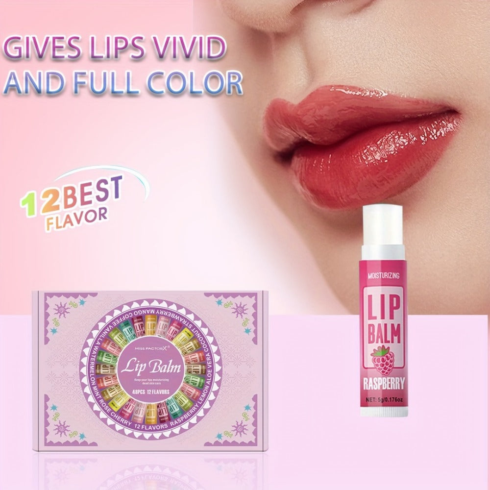 Lip Balm Gift Set 48pcs MISS FACTORX - Moisturizing Glycerin Lip Butter, Hypoallergenic Natural Finish for All Skin Types, Unisex Adult Lip Care Variety Pack, Valentine's Day & Mother's Day Gift for Her