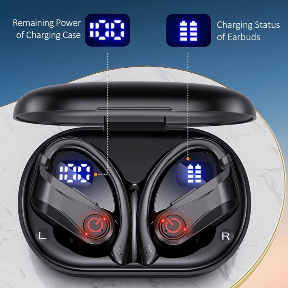 TWS Earhook Wireless Earbuds Semi-Open Back with LED Charging Case, ENC Noise Reduction, Touch Volume Control, Built-In Microphone, True Wireless Bluetooth Headphones for Sports Travel Work