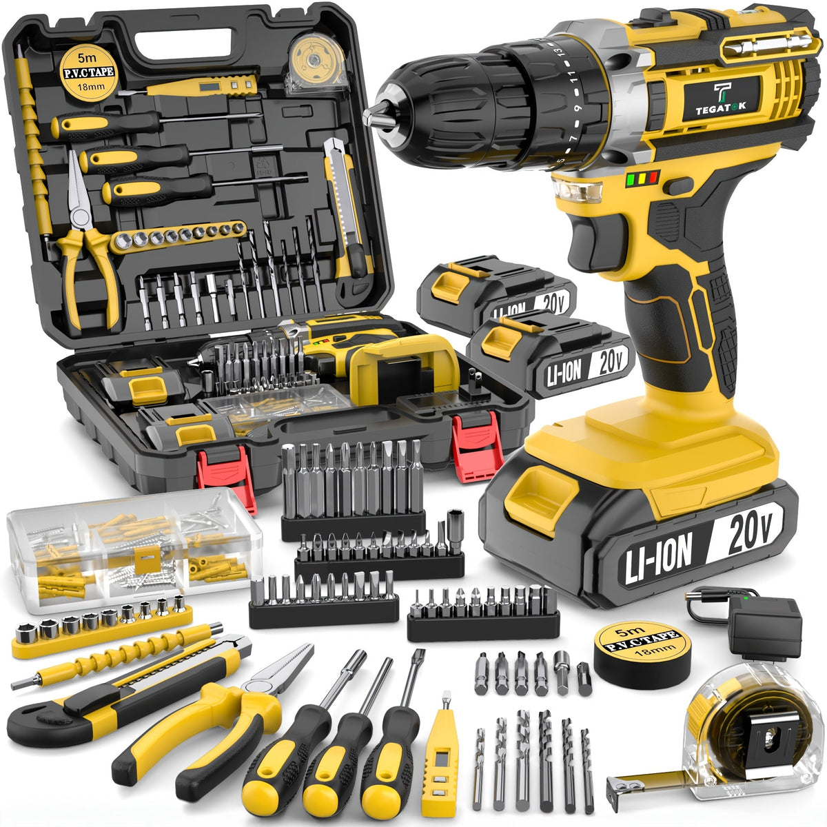 Cordless Drill Set 20V - Tegatok Impact Drill Kit with 45Nm Torque, 23-Speed Settings, LED Light, 2.0Ah Battery & Fast Charger, 58/136/145pcs Accessories for Home Renovation, Woodworking & Metal Drilling