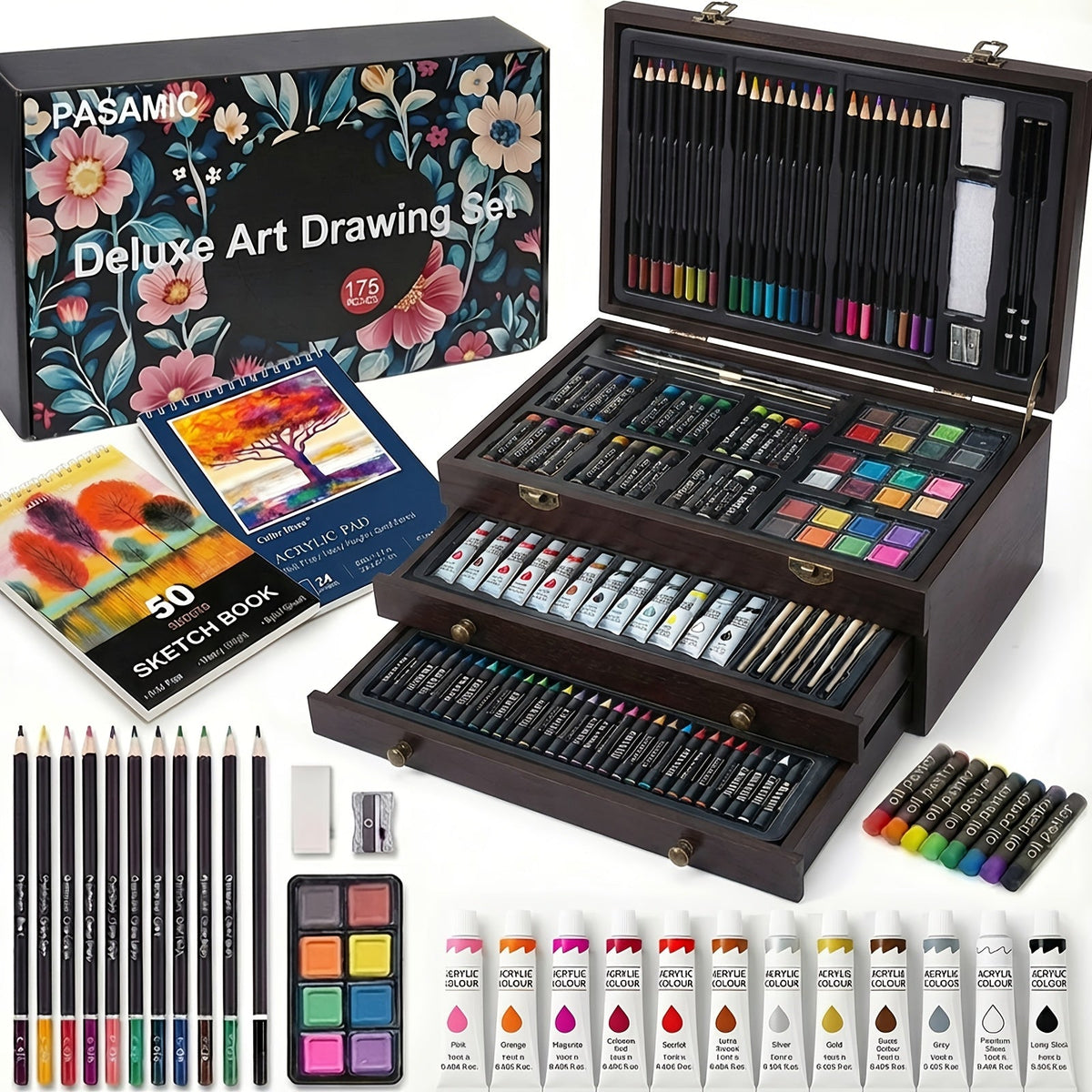 172 Piece Deluxe Art Set in Wooden Case with 2 Drawing Pads Crayons Acrylic Paints Colored Pencils Professional Art Kit Gift Box for Artists Beginners Ages 8+ Birthday Christmas