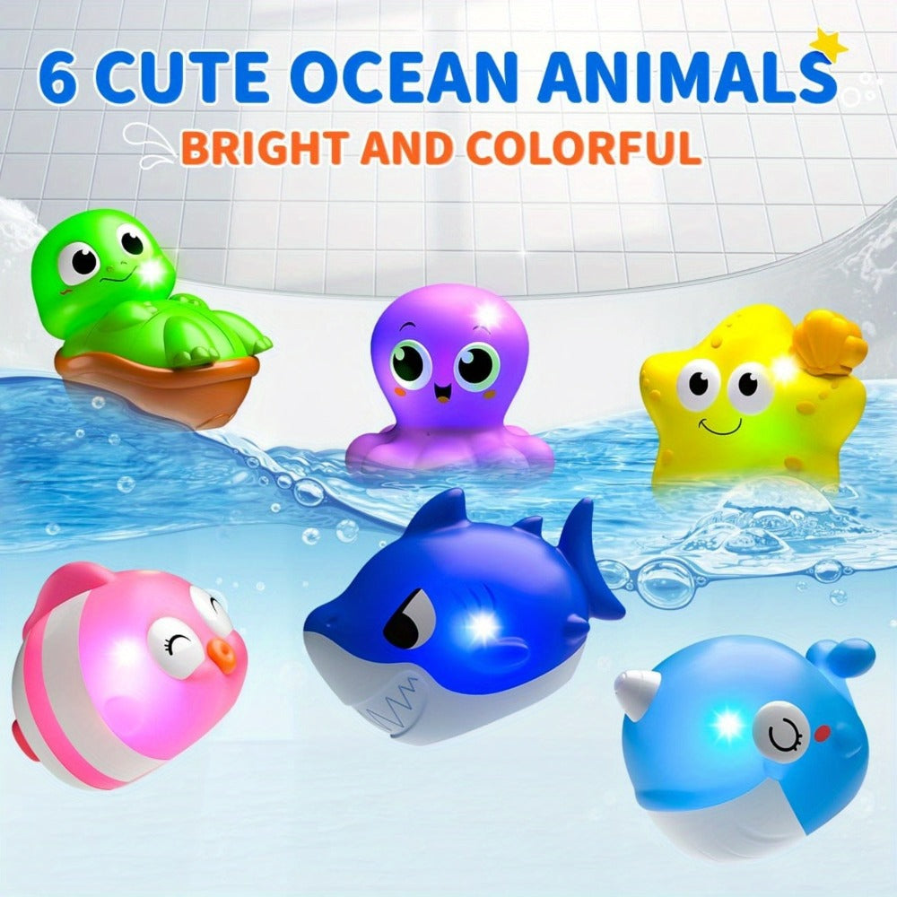 Ocean Animal Light Up Bath Toys 6 8 10 Pack – Glowing Sea Creature Floating Bathtub Toys for Baby Toddlers, Water Pool Toys for Boys & Girls, Random Colors Bath Time Gift Set