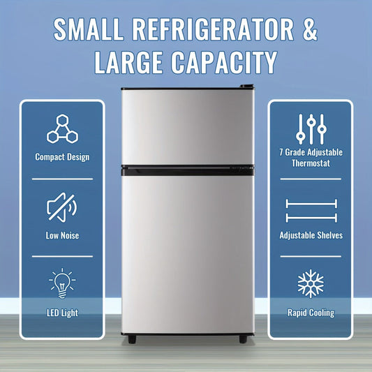 Small Fridge with Freezer, 2-Door Silver Refrigerator, 2.5 or 3.5 Cu Ft with 7-Level Thermostat