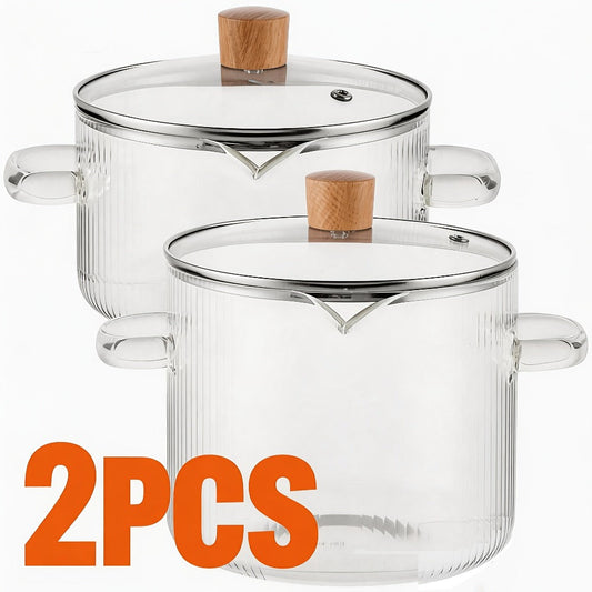 Borosilicate Glass Saucepans with Lids, Ribbed Pots for Soup and Noodles