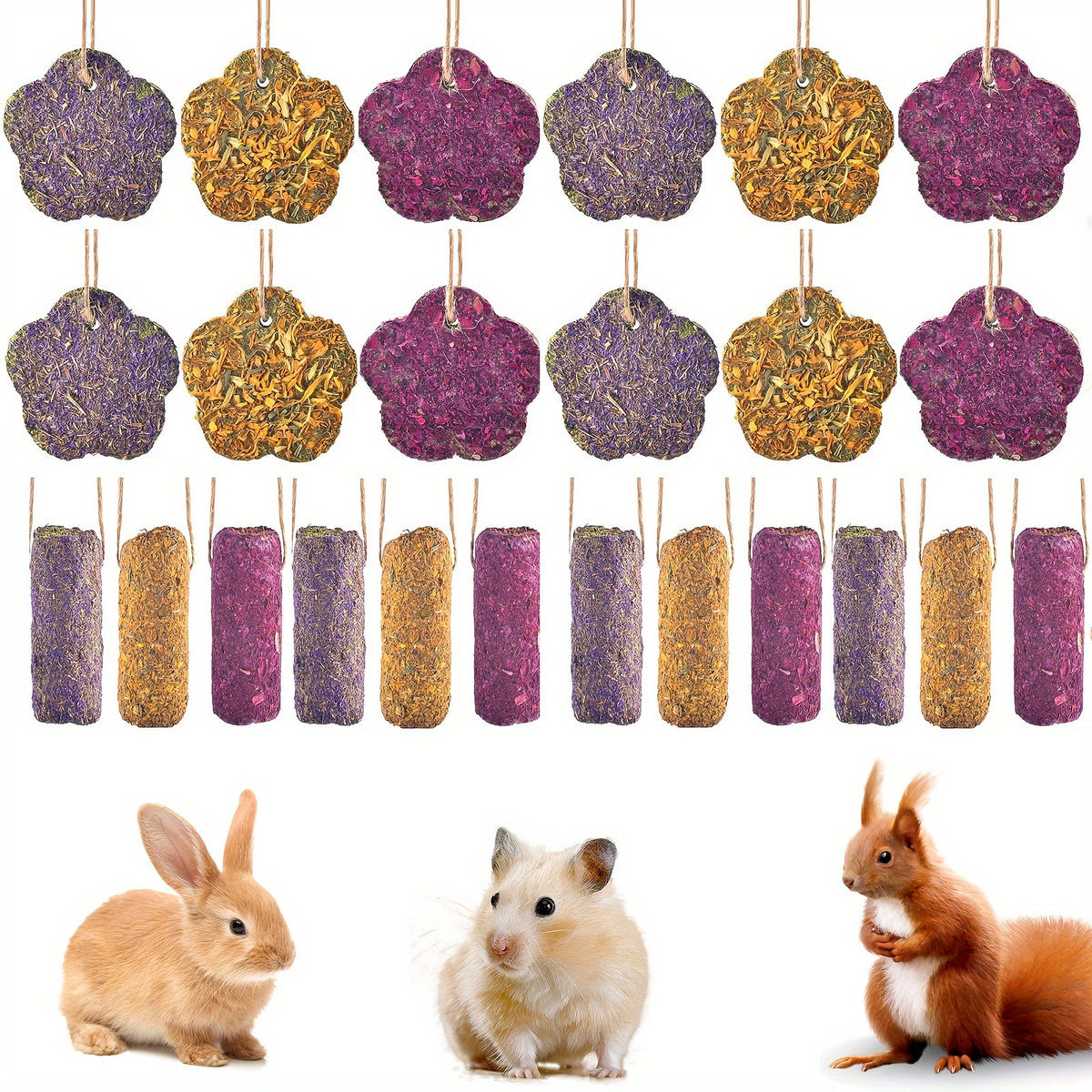 Rabbit Chew Sticks 24 PCS - Timothy Hay Molar Snack Toy with Carrot & Strawberry Flavors for Bunnies, Chinchillas, Guinea Pigs, Hamsters & Small Pets, Hanging Chew Cakes Included