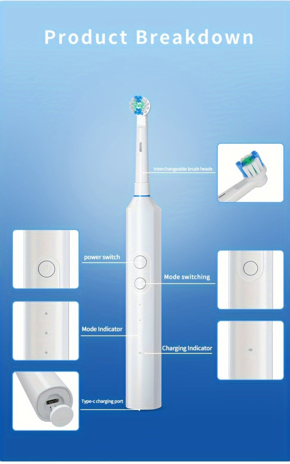 Sonic Electric Toothbrush with Smart Timer & 3 Cleaning Modes - IPX7 Waterproof, 4 Brush Heads, 600mAh USB Fast Charge, Round Tip Soft Bristles, Rechargeable Adult Toothbrush for Deep Clean
