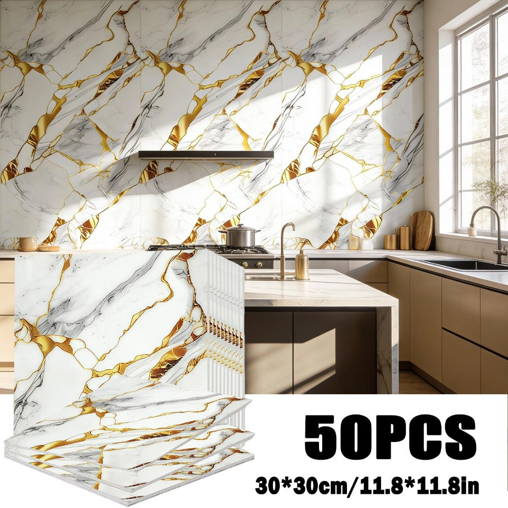Self-Adhesive Marble Tile Stickers 11.8x11.8in Peel and Stick Wall Tiles for Bathroom Kitchen Backsplash – Waterproof 3D Glossy Imitation Marble Wall Panel, Easy to Install, 50 or 100 Pack