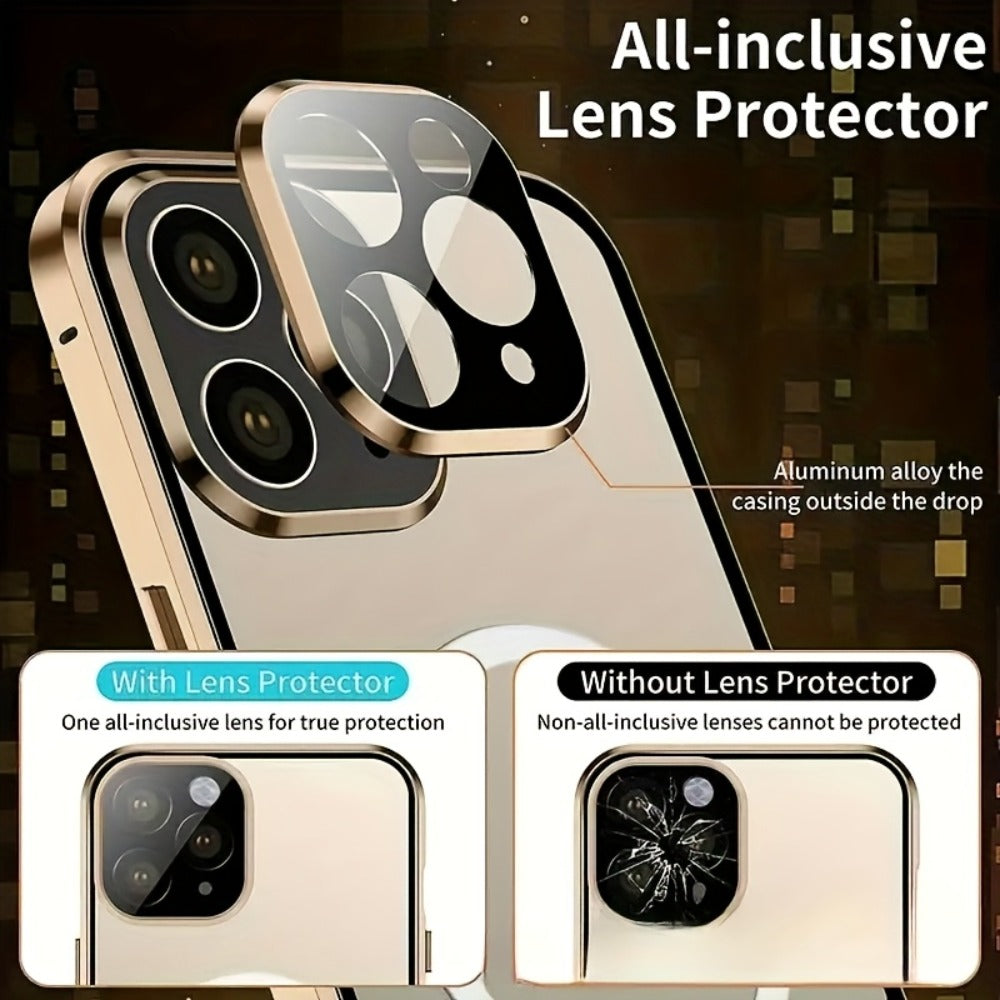 Clear Back Privacy iPhone Case with Metal Frame & Magnetic Double-Sided Tempered Glass – Anti-Peep Anti-Spy Transparent Cover for iPhone 12 13 14 15 16 Pro Max Plus, Wireless Charging Compatible
