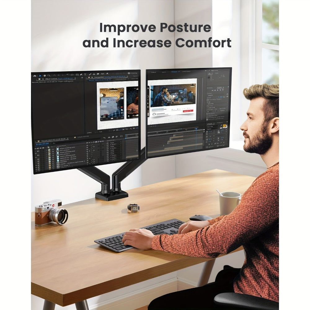 Dual Monitor Stand for 32 Inch Screens, Full Motion Dual Monitor Arm with 180° Swivel Tilt 360° Rotation, VESA 75/100mm, Max 22 lbs Each Arm, Adjustable Height for Home Office Desk Setup