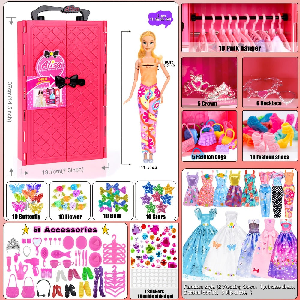 140-Piece Fashion Doll Wardrobe Set with 11.5-Inch Doll and Closet