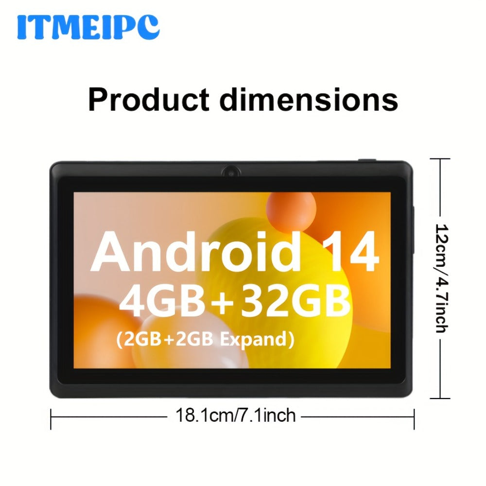 7 Inch Android 14 Tablet for Kids & Beginners – Quad-Core, 4GB RAM, 32GB ROM, HD IPS Display, Dual Camera, WiFi, USB-C, Built-in Case, Lightweight Portable Design, Perfect Gift for Children & Seniors