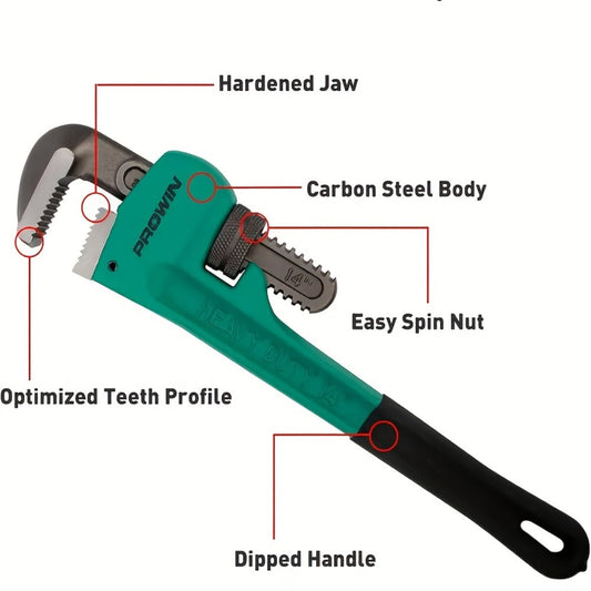 Adjustable Pipe Wrench, CR-V Alloy Steel with Rubber Grip, 8–18 Inch Options