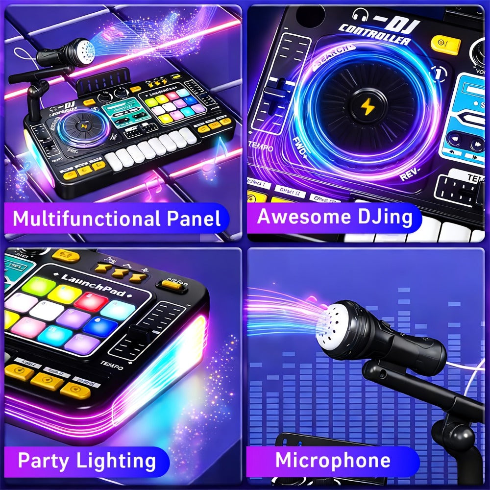 Kids DJ Mixer Toy in Black with LED Lights, Microphone and Piano Keys