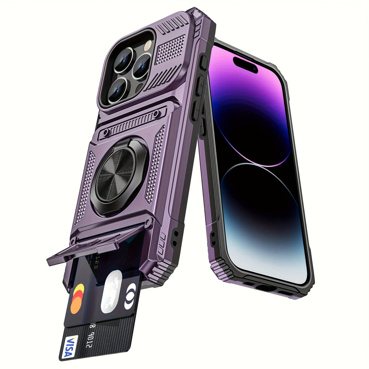 360° Metal Stand iPhone Case with Dual Card Slot Heavy Duty Shockproof Hard Shell Cover for iPhone 16 15 14 13 11 Pro Max Plus 8 7 Series – Rotating Kickstand Wallet Phone Case
