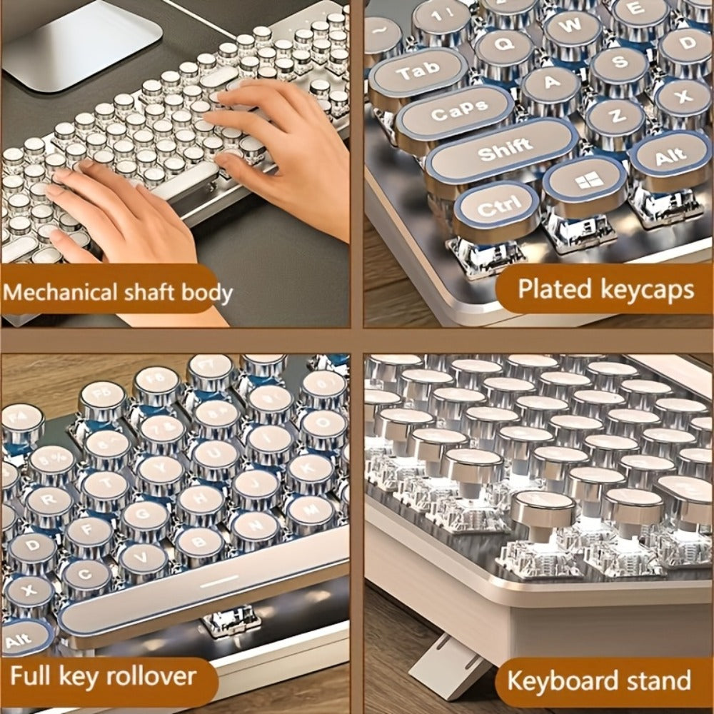 Cyberpunk Retro Typewriter Mechanical Keyboard 104 Keys Full-Size with Multi-Function Knob Backlit Round Keys Ergonomic Spill-Proof USB Wired for Desktop Laptop Windows Mac Gaming Typing