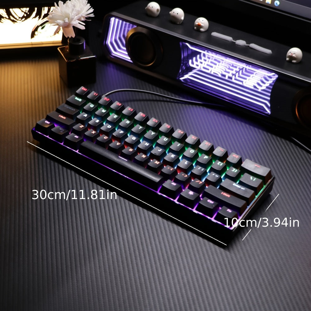 Mechanical Keyboard 61 Key Wired Cyan Switch RGB Backlit Double Shot Keycaps Compact Gaming Keyboard USB Cable for PC Mac Gamers Office Typists Business Travelers