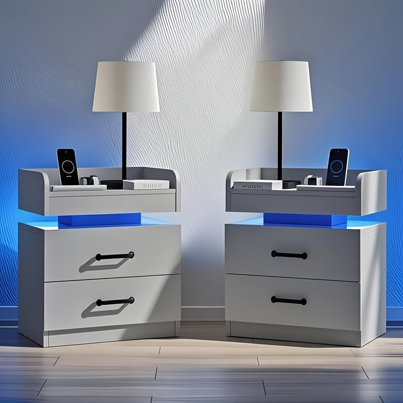 Wooden Nightstand with LED Ambient Light & Charging Station – Fabric Drawer, Blue Glow, Modern Bedside Table for Bedroom Living Room End Table, Black or White (Single or 2-Pack)