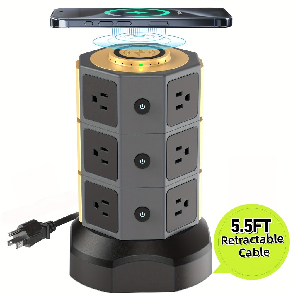 Wireless Charging Tower Power Strip 18-in-1 Surge Protector - 12 AC Outlets, 6 USB Ports (2 USB-C), 1050 Joules, 5ft Retractable Cord, Gold Desktop Charging Tower for Home Office Dorm