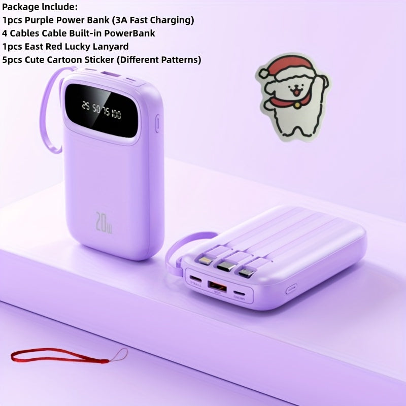 Portable Charger 10000mAh with Built-In 3 Cables Lightning USB-C Micro-USB 22.5W Super Fast Charging Cute Cartoon Mini Power Bank for iPhone Android Travel Backup Battery – Purple Black Red White