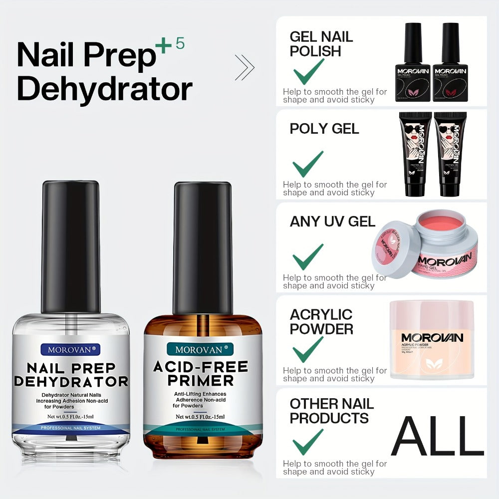 Acid-Free Nail Dehydrator & Primer Set Professional Bonding Kit for Acrylic Gel Polish Fast Dry Non-Acid Base with Nail File Brush Salon DIY Nail Prep Gift Box for Nail Technicians