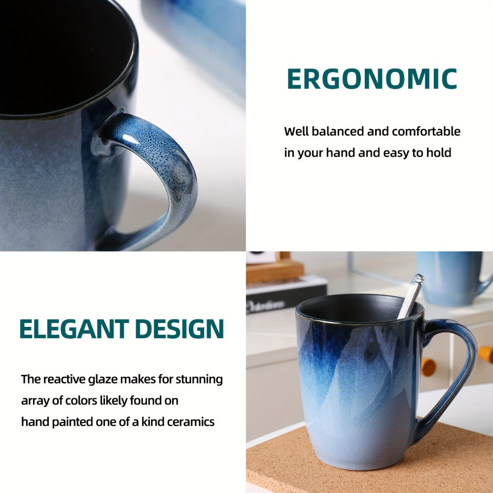 Gradient Blue Ceramic Mugs Set of 6 – 14 Oz Reaction Glaze Coffee Mugs – Durable Stain-Resistant Unique Design – Perfect for Coffee, Tea & Gifting at Weddings, Parties & Holidays