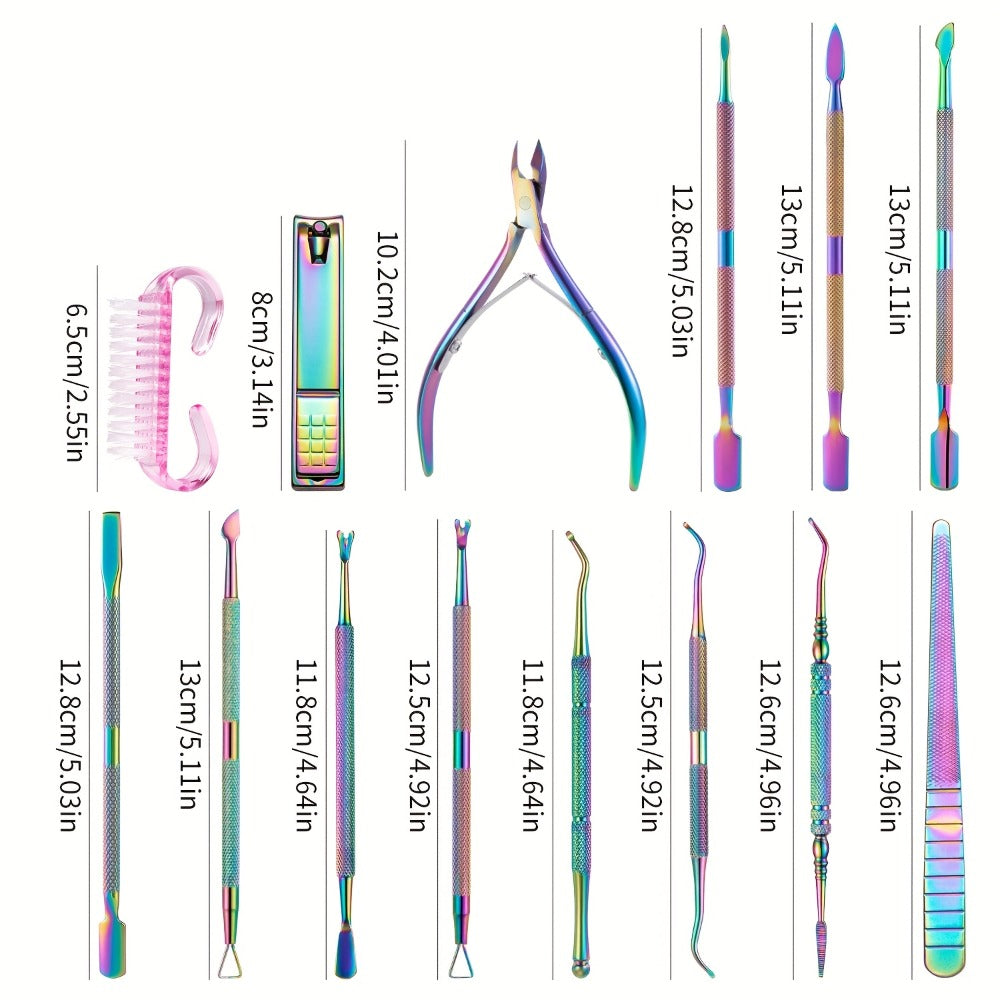 Nail Tech Kit 15pcs Professional Stainless Steel – Cuticle Nipper & Pusher Nail File Gel Polish Remover Complete Manicure Pedicure Tools with Storage Box, Salon & Home Nail Care Set Gift for Nail Technicians