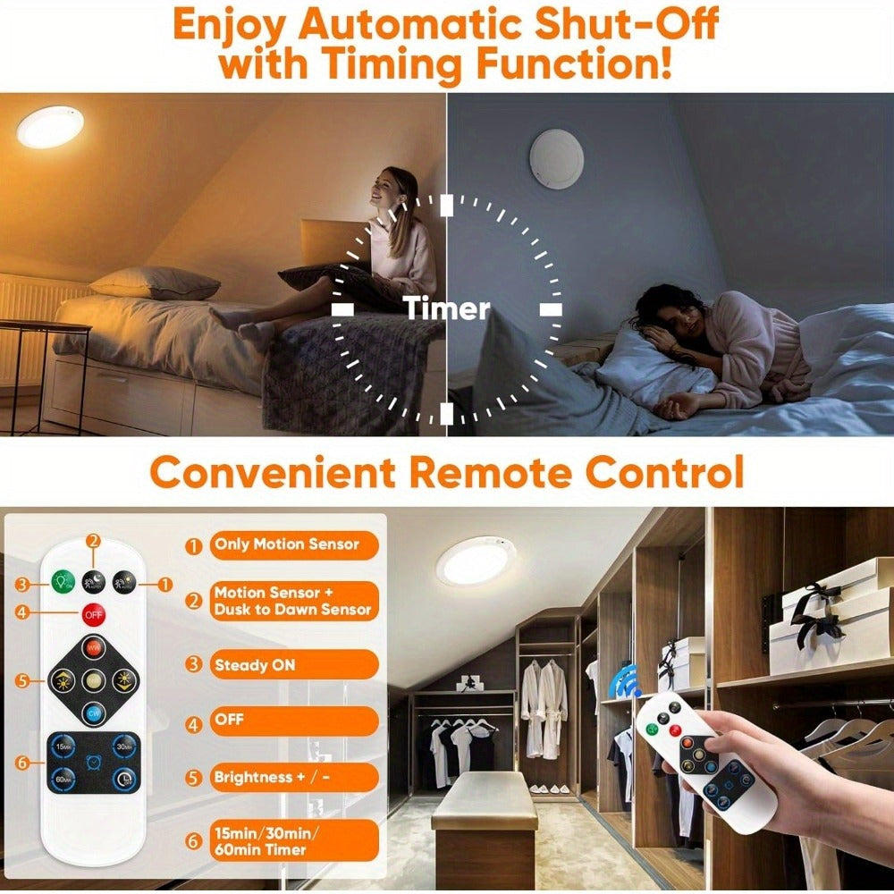Motion Sensor Ceiling Light Rechargeable with Remote – 3-Color Dimmable Wireless LED Overhead Light, No Wiring, Battery Operated for Closet, Shower, Pantry, Shed & Hallway (Round & Square, 1 or 2 Pack)