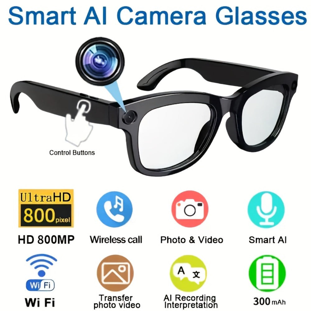AI Voice Control Camera Glasses 8MP Ultra-Wide HD 1080P – Bluetooth 5.4, WiFi, Immersive Audio, Blue Light Blocking, 4H Playtime, Sunglasses & Clear Lens for Men Women