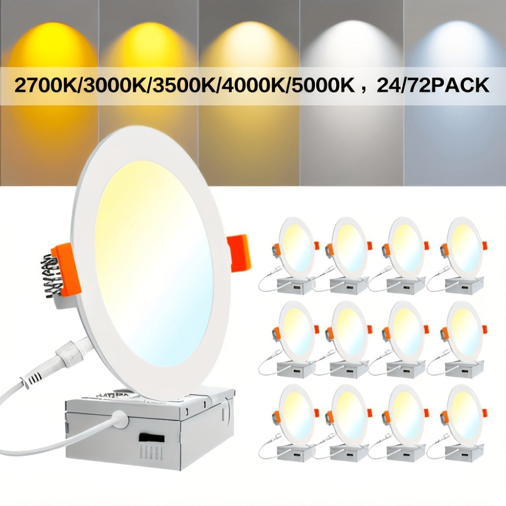 LED Recessed Ceiling Light 6 Inch 24/72 Pack 5CCT 2700K-5000K Dimmable Ultra-Thin Wafer Downlight 12W=110W 1050LM ETL Listed Junction Box Included for Kitchen Living Room Bedroom Hallway Office Lighting