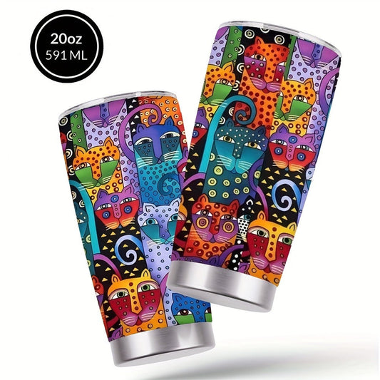 Insulated Cat Tumbler, 20 oz Abstract Design with Lid and Straw