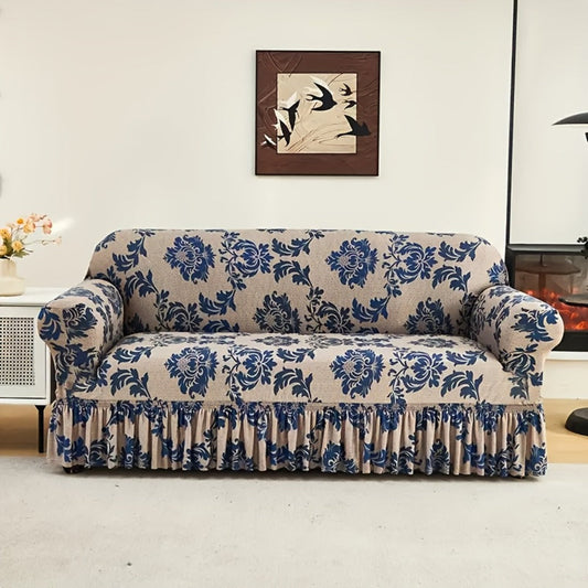Stretch Sofa Cover with Skirt Design High Elasticity Anti-Slip Fixing Rod All Season Printed Slipcover Fits 1 2 4 Seater Sofa - Dark Blue with Matching Pillowcase