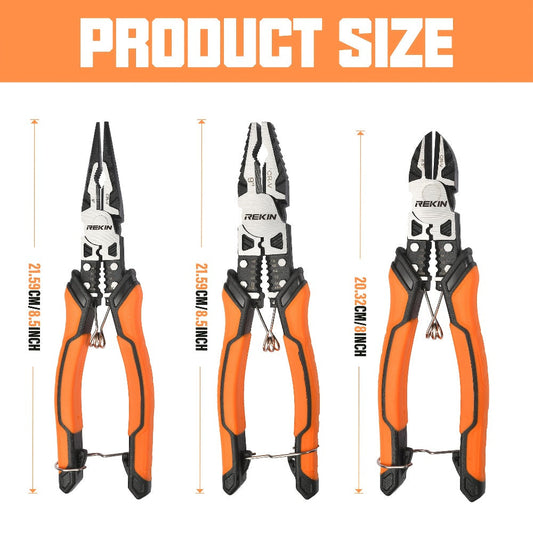 CR-V Steel Pliers with TPR Handles, 3-Piece Set or Individual Tool Options