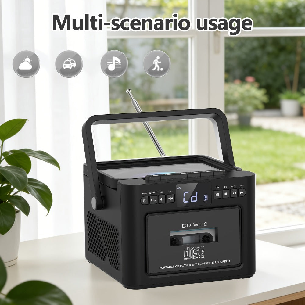 Portable Boombox CD Player with Cassette Tape, FM Radio & MP3 Player, HiFi Stereo Speaker System, 5000mAh Rechargeable Battery, USB AUX TF Card Playback, Retro All-in-One Audio System Gift