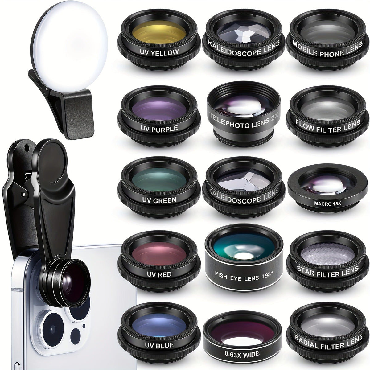 16-in-1 Phone Camera Lens Kit – Fisheye, Wide Angle, Macro, Kaleidoscope & CPL Clip-On Lenses + Selfie Light, Universal Smartphone Camera Upgrade for iPhone & Android, Travel & Content Creation