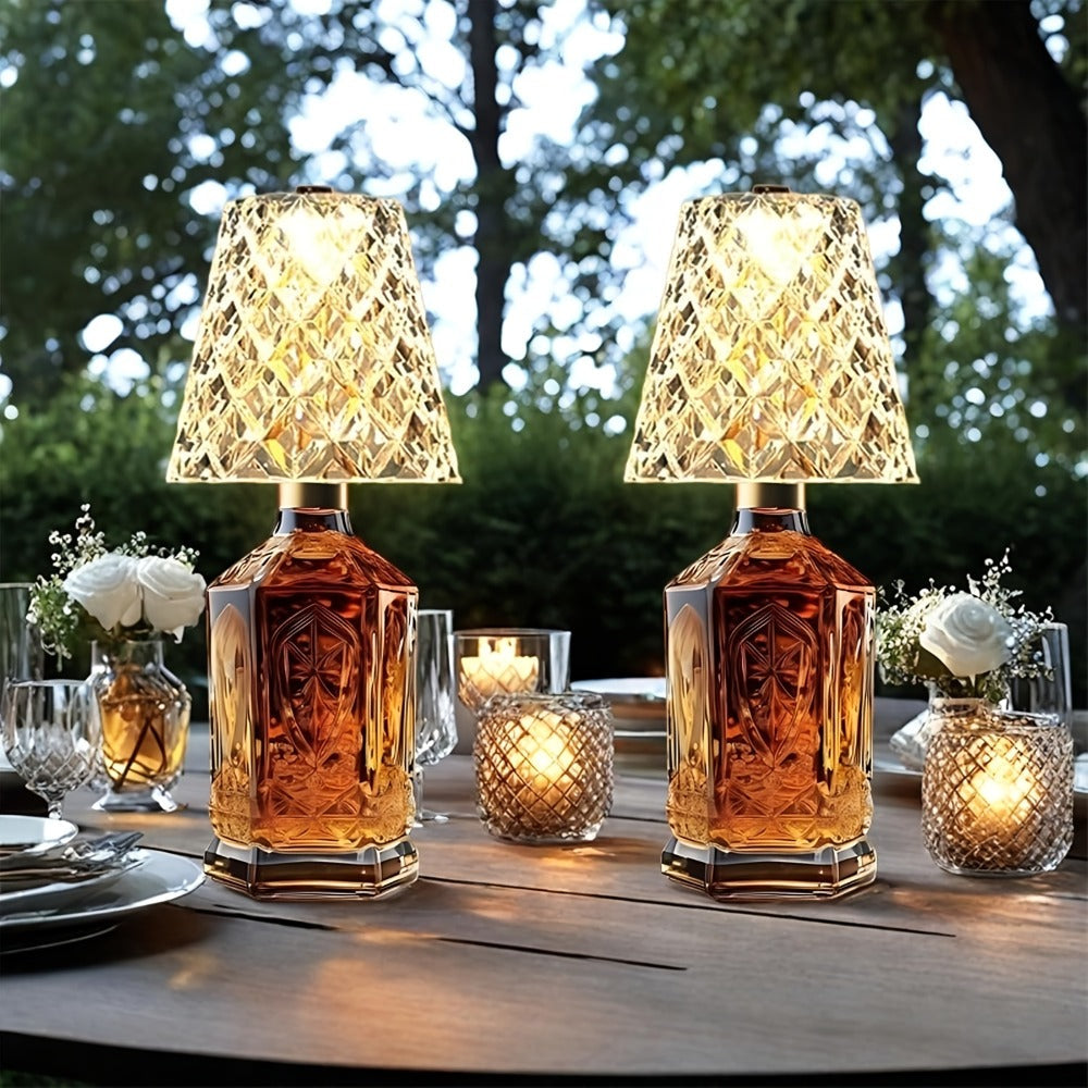 Rechargeable LED Bottle Table Lamp 2 Pack - Crystal Acrylic Wine Bottle Design, 2000mAh Cordless, 3 Color Modes, Ambient Night Light for Bedroom, Dining Table, Bar & Home Decor