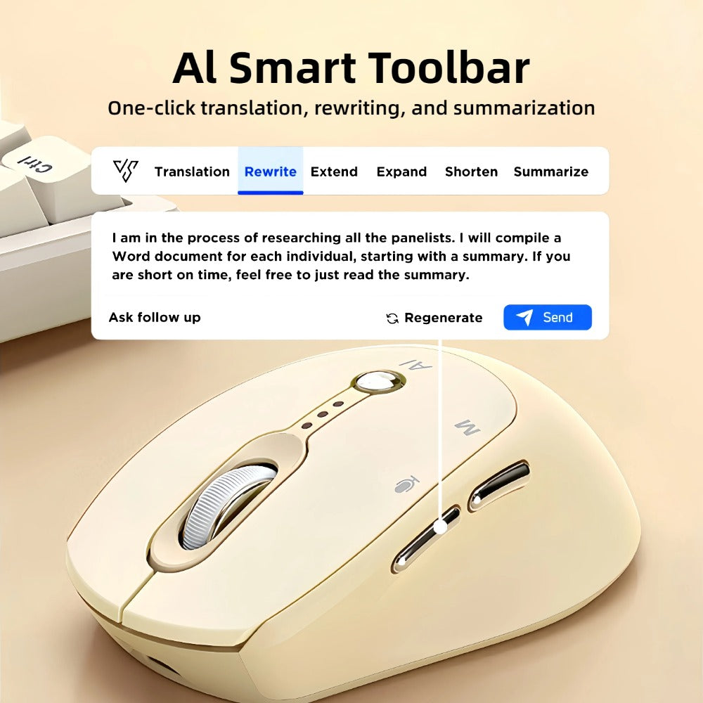 AI Wireless Mouse Voice to Text Real-Time Translation PPT Creation T-WOLF Silent Rechargeable Bluetooth 2.4G Dual Mode Battery Display Laptop PC Mac Windows Android Yellow Pink