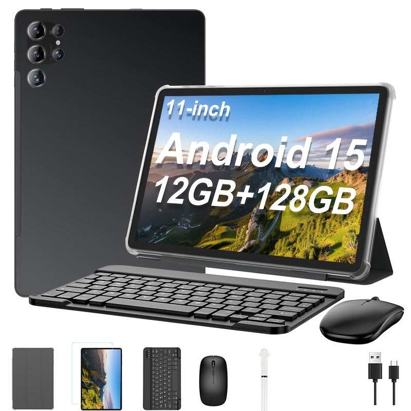 Android 15 Tablet 2-in-1 11 Inch with Keyboard, Case & Stylus | 12GB RAM 128GB ROM, 8MP+20MP Dual Camera, FHD IPS Screen, 5G Wi-Fi, Long Battery Life, Tablet PC for Work School Home