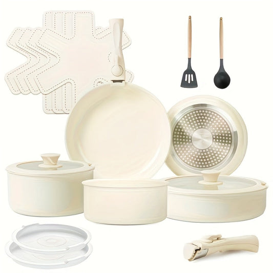 Ceramic Nonstick Cookware Set with Removable Handles, 17 Pieces in Cream