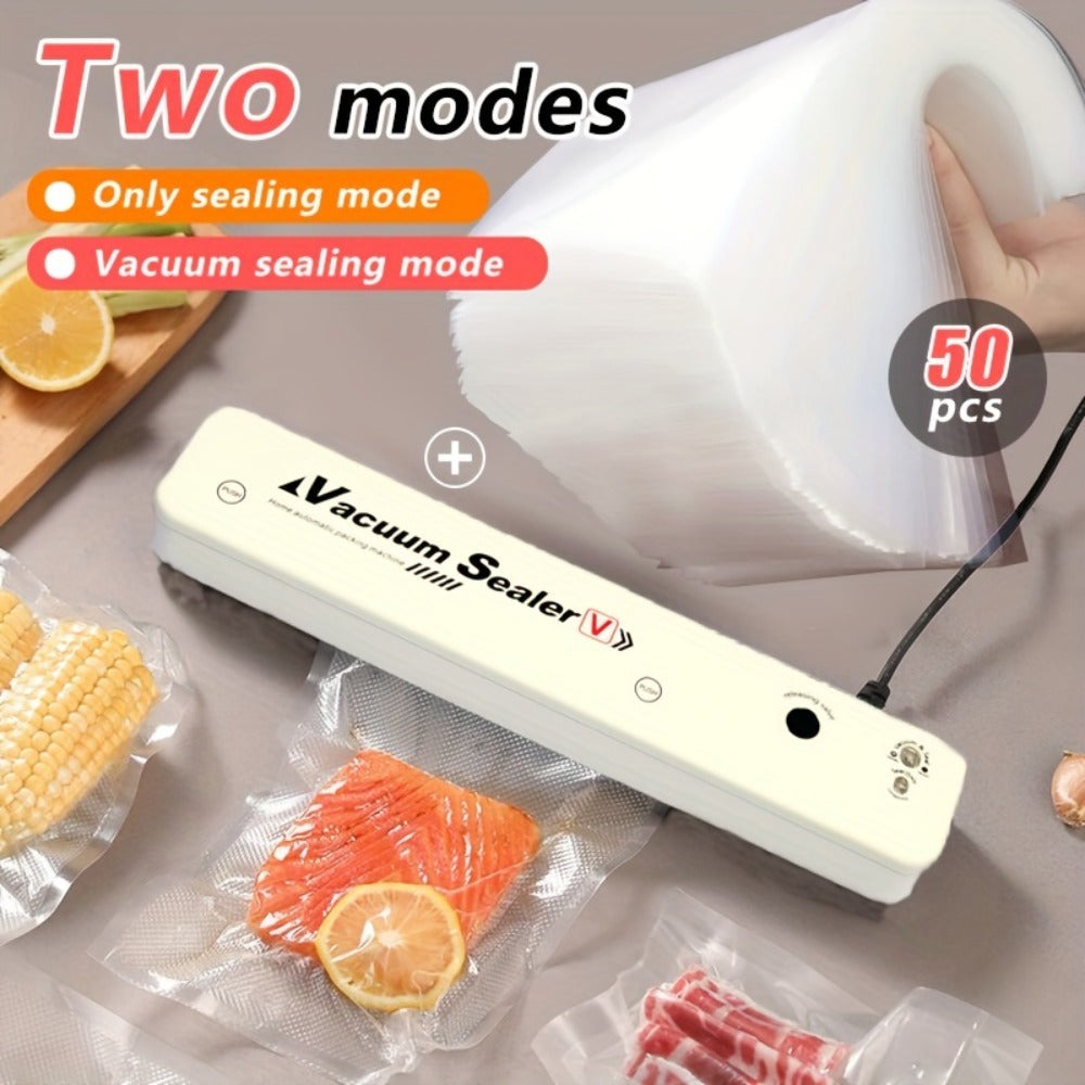 Vacuum Sealer Machine with 50 Vacuum Storage Bags – 2-in-1 Vacuum & Heat Sealing, One-Button Operation, Food Preservation Sealer for Freshness, Black or White