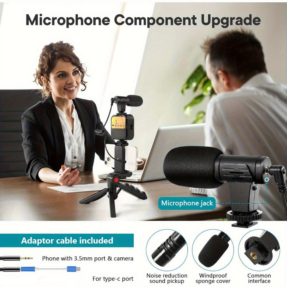 Cardioid Microphone Vlogging Kit for Phone with Mini LED Video Light & Pistol Grip Tripod – Portable Content Creation Setup for YouTube TikTok Instagram Live Streaming Video Calls iPhone Android