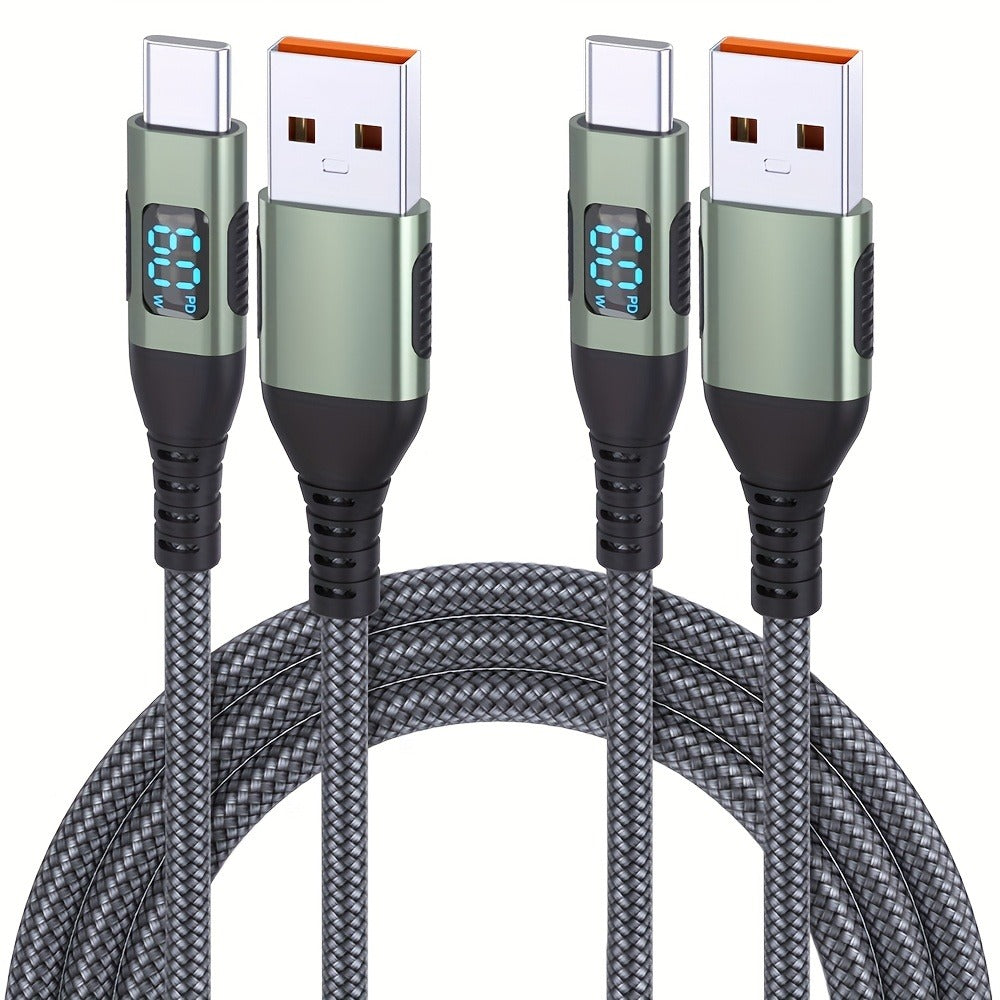 USB-A to USB-C Cable with LED Digital Display, 3A Fast Charging & 480Mbps Data Sync, Nylon Braided Anti-Overheat, for iPhone 15 Samsung Galaxy LG Android – Green (1pc/2pcs)