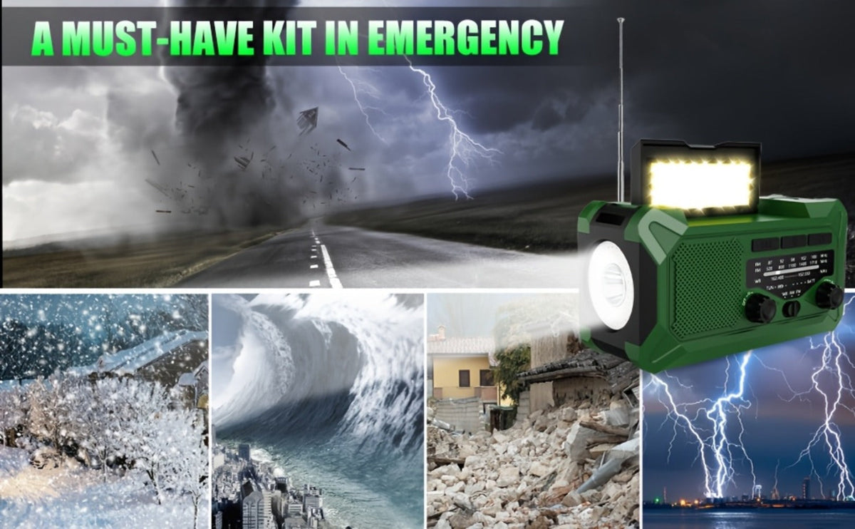 Emergency Radio Hand Crank Solar USB 3-Way Charging AM FM with 10000mAh Power Bank, SOS Alarm, LED Flashlight, Reading Light, Thermometer, Compass for Family Home Survival Kit
