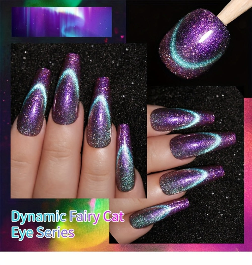 Cat Eye Gel Polish Set 6 Colors Holographic Magnetic — Dynamic Elf Reflective Soak Off UV LED Nail Gel 0.51oz Each | Multidimensional Light-Shifting Sparkle for Salon & Home Nail Art | Long-Lasting Chip-Resistant